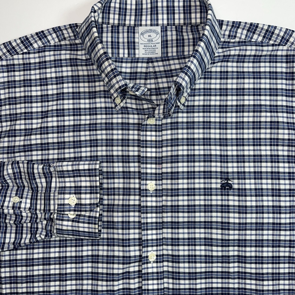 Brooks Brothers 1818 Oxford Shirt Mens XLarge Blue Check Stretch Long Sleeve